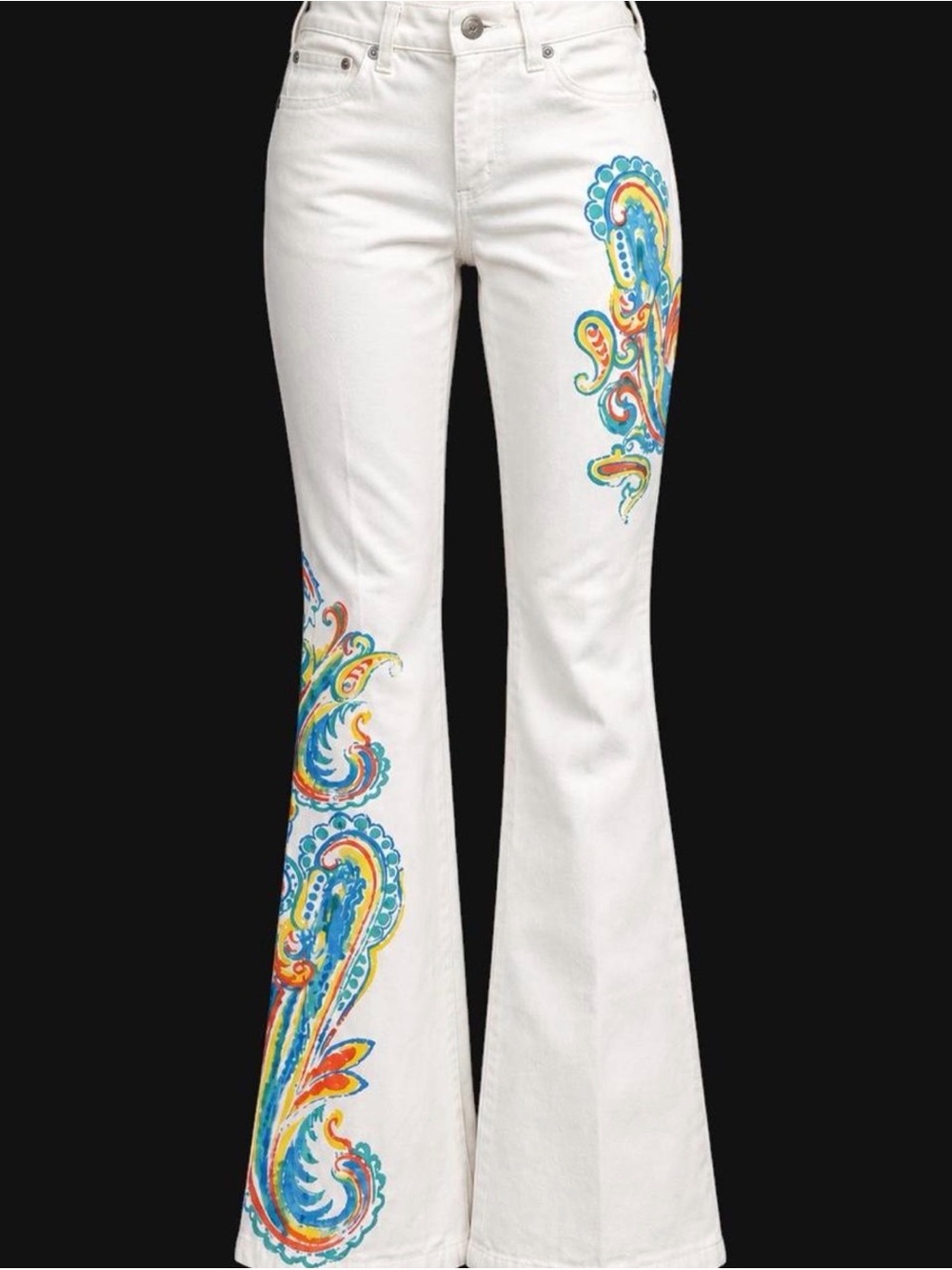 White Flared Jeans with Multicolor Paisley Embroidery